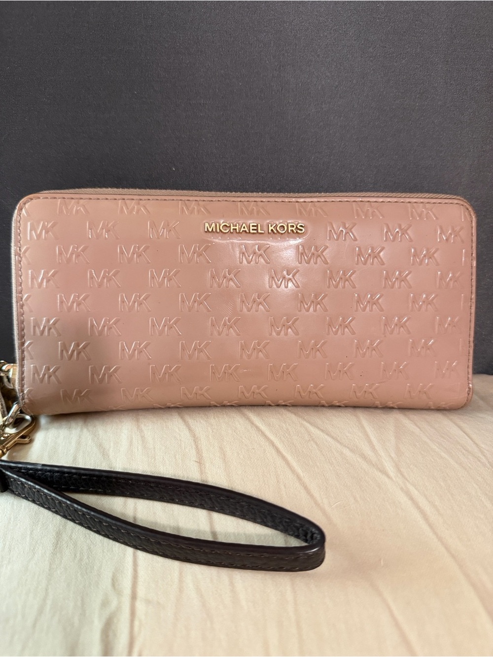 Michael Kors Dusty Pink Embossed MK Zip-Around Wristlet Wallet